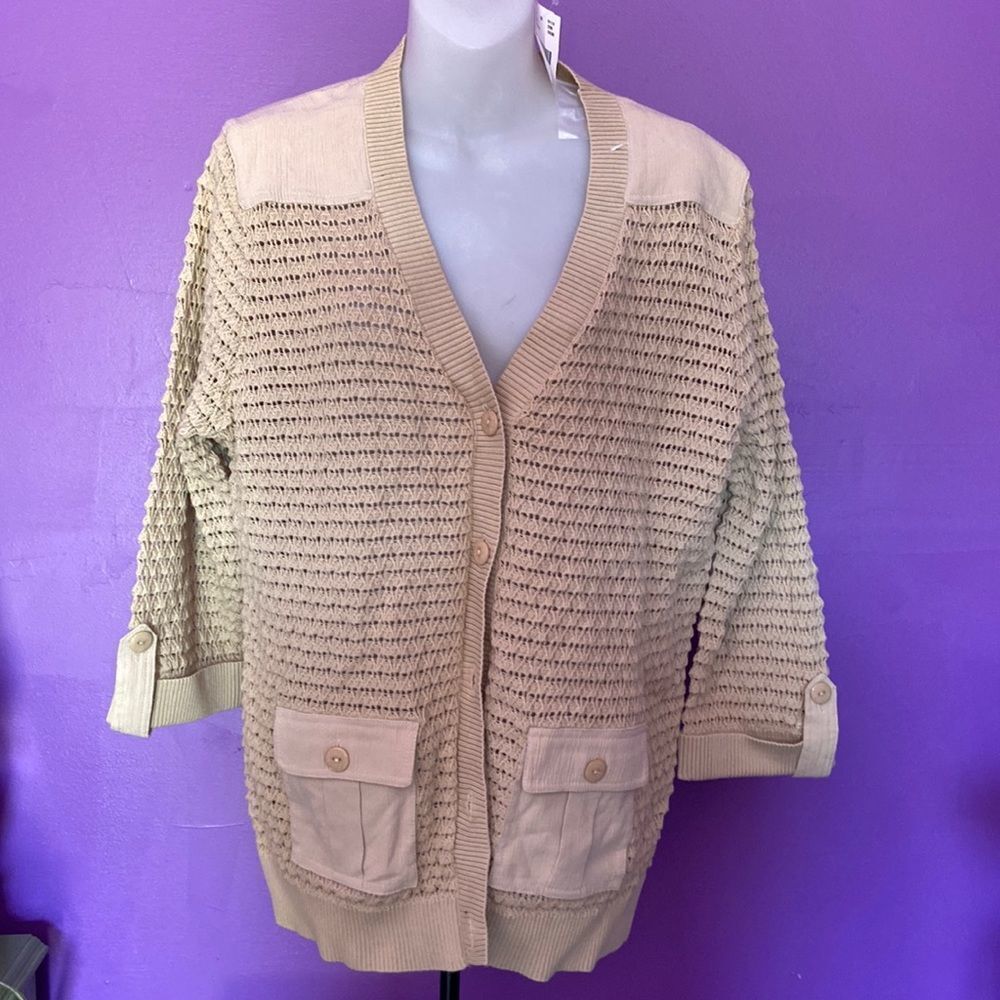 Draper's & Damon's Tan Cardigan 3/4 Tab Sleeves Open Front Sweater Size Large